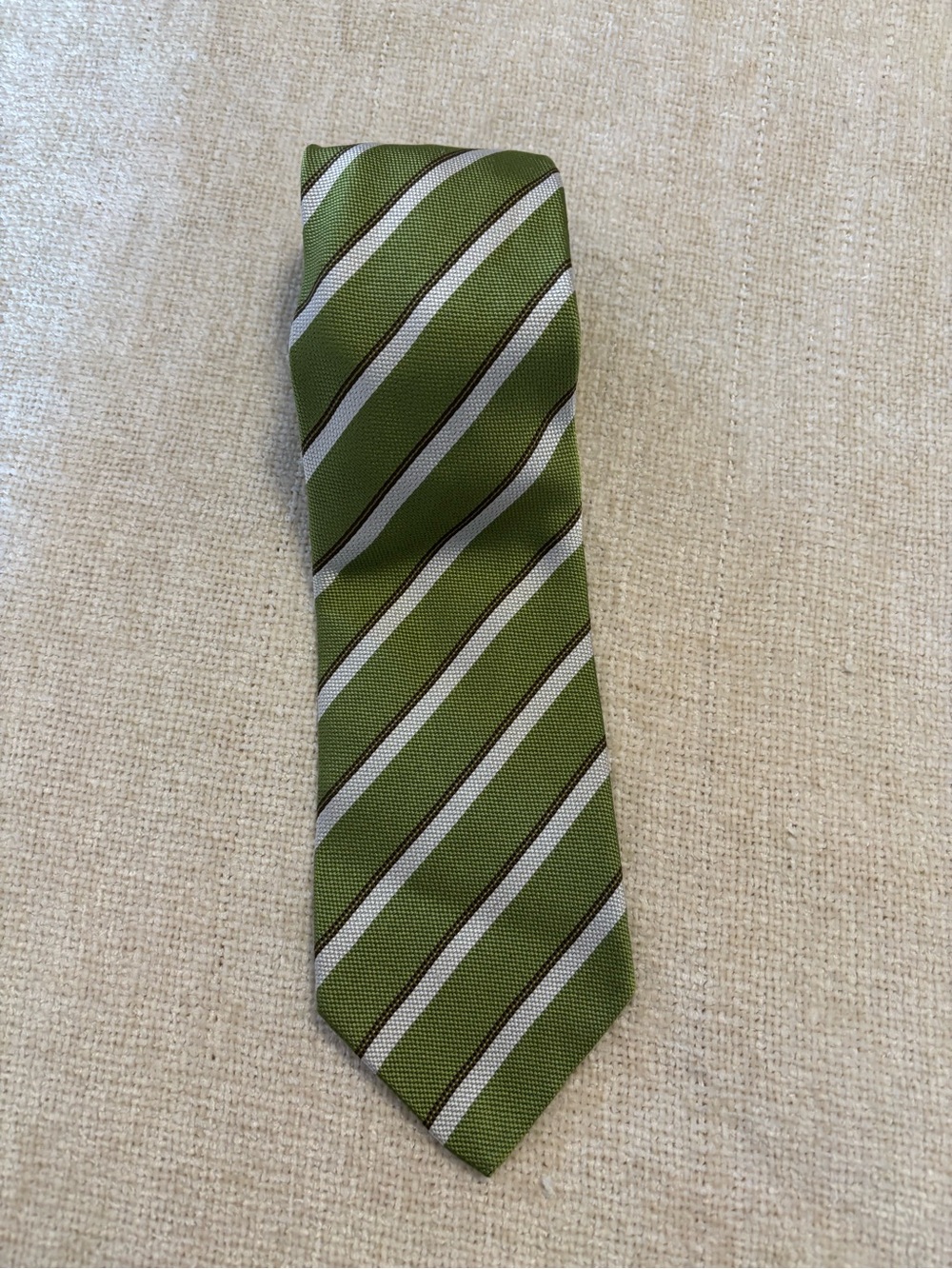 Les Copains Green, Brown and White Rep Stripe Neck Tie Silk Made in Italy